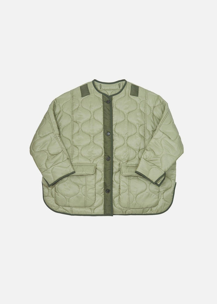 Oversized Collarless Quilted Jacket in Moss Green Jacket Jerry Hall