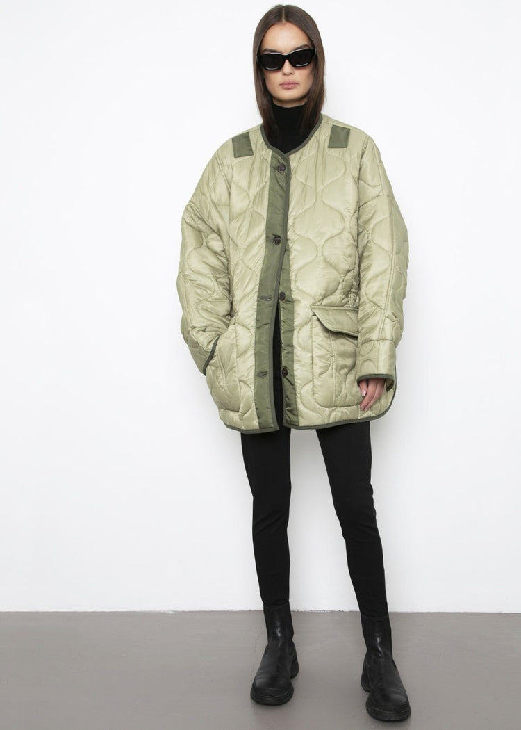 Oversized Collarless Quilted Jacket- Moss Green Jacket Jerry Hall