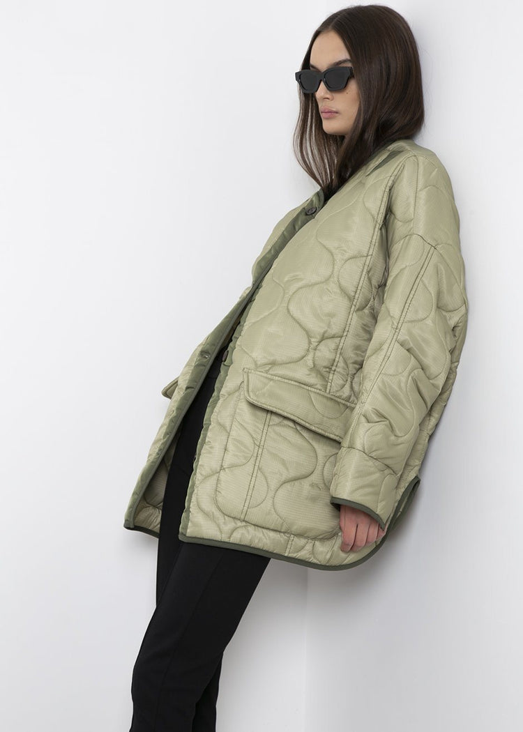 Oversized Collarless Quilted Jacket- Moss Green Jacket Jerry Hall