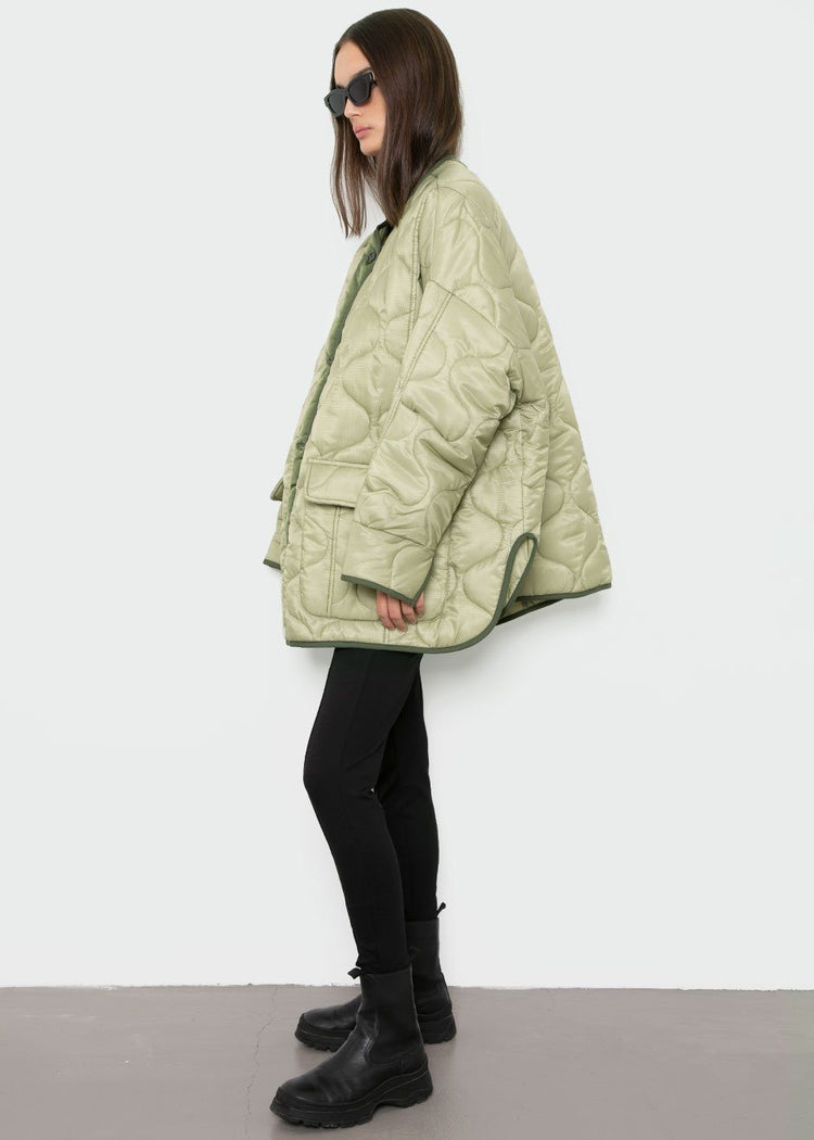 Oversized Collarless Quilted Jacket- Moss Green Jacket Jerry Hall