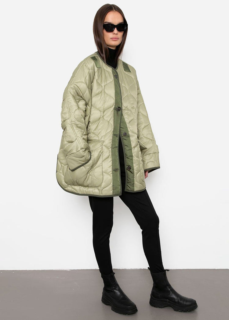 Oversized Collarless Quilted Jacket- Moss Green Jacket Jerry Hall