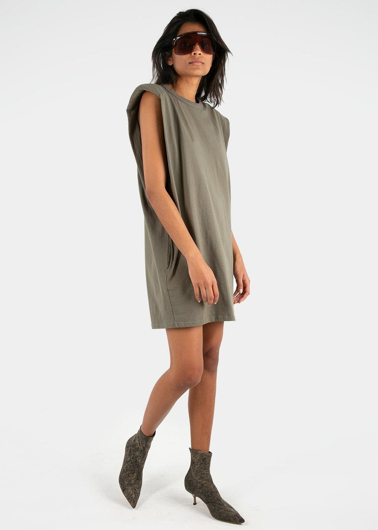 Tina Padded Shoulder Dress- Olive Khaki Dress The Frankie Shop