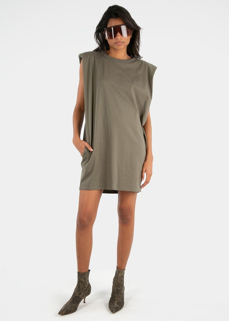 Tina Padded Shoulder Dress- Olive Khaki Dress The Frankie Shop