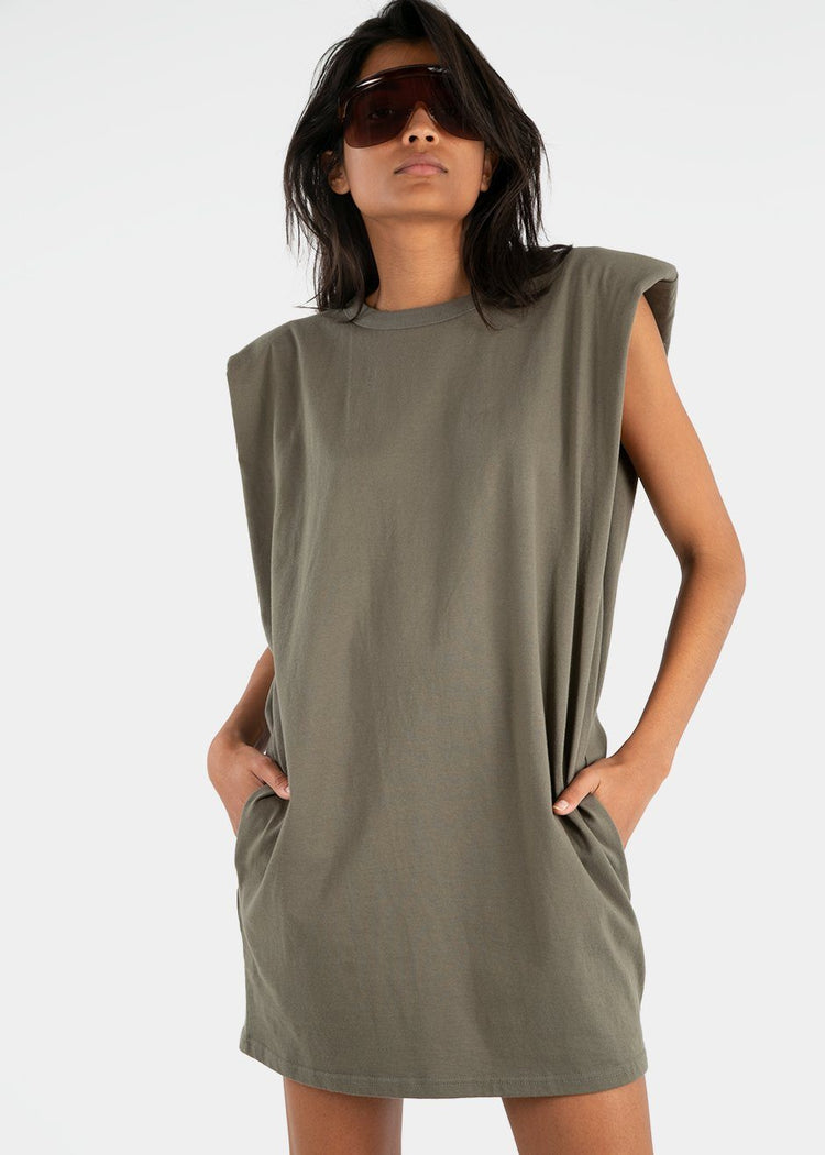Tina Padded Shoulder Dress- Olive Khaki Dress The Frankie Shop