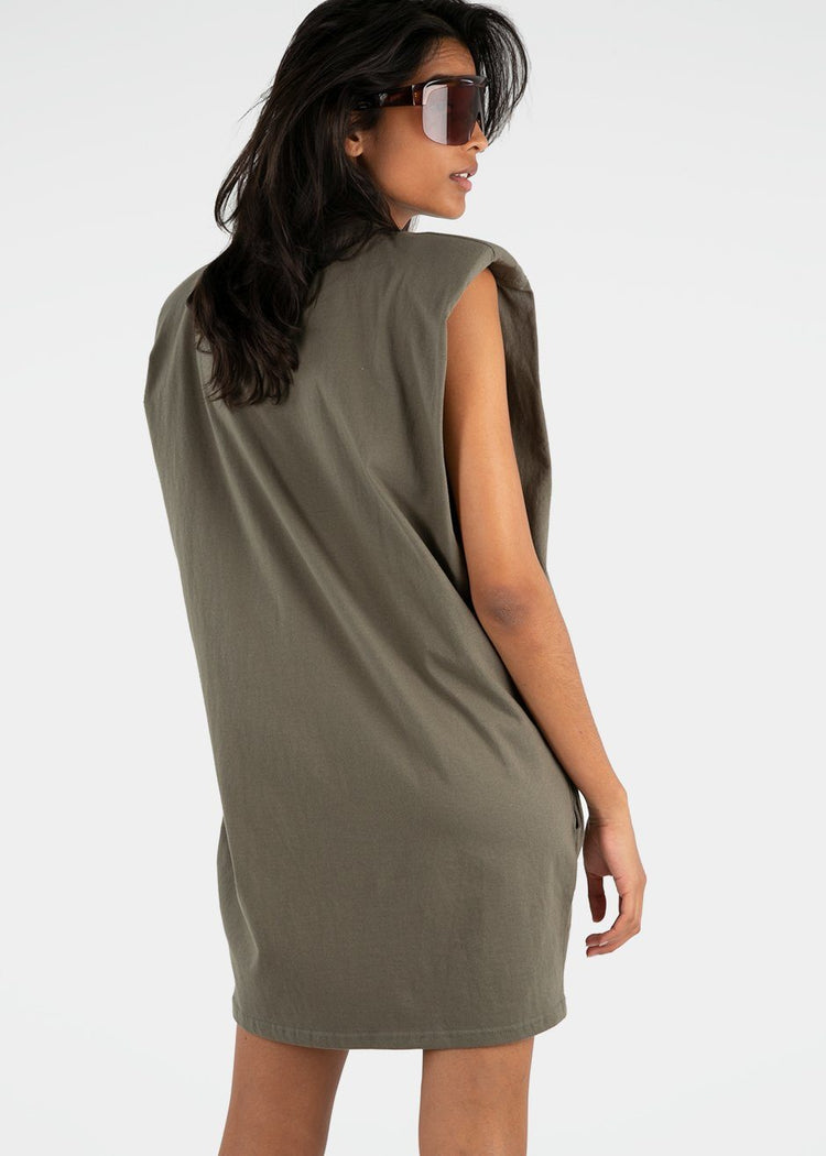 Tina Padded Shoulder Dress- Olive Khaki Dress The Frankie Shop
