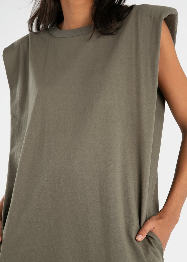 Tina Padded Shoulder Dress- Olive Khaki Dress The Frankie Shop