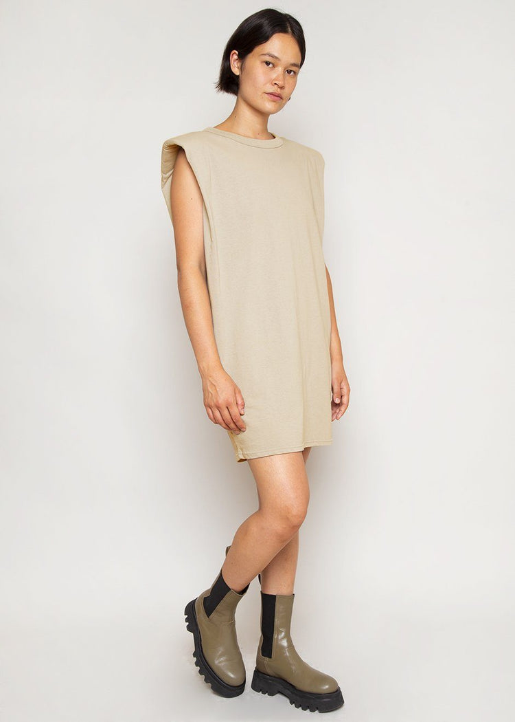 Tina Padded Shoulder Muscle Dress in Almond Milk Dress The Frankie Shop