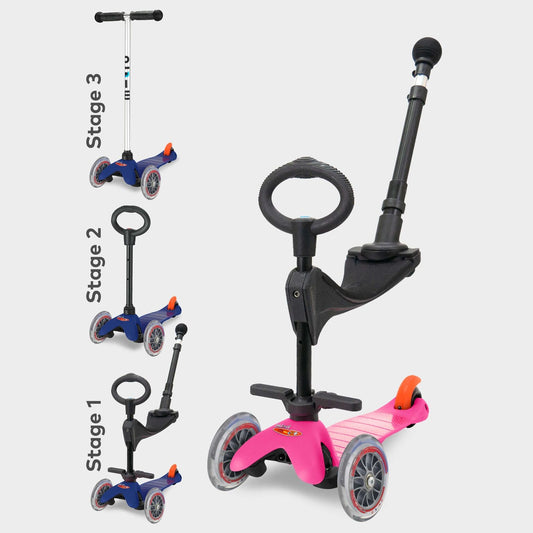 Three stages of a children's scooter with pink and blue designs on a white background