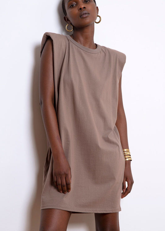 Tina Padded Shoulder Dress- Mocha Dress The Frankie Shop