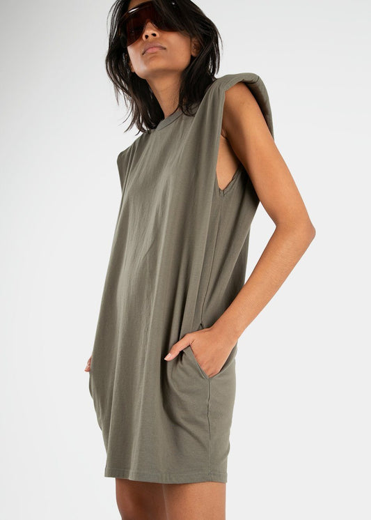 Tina Padded Shoulder Dress- Olive Khaki Dress The Frankie Shop