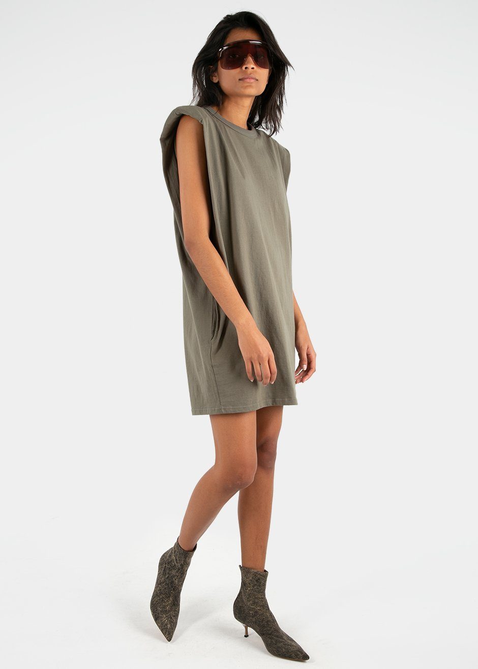 Tina Padded Shoulder Dress- Olive Khaki Dress The Frankie Shop