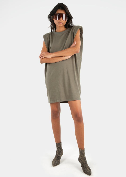 Tina Padded Shoulder Dress- Olive Khaki Dress The Frankie Shop