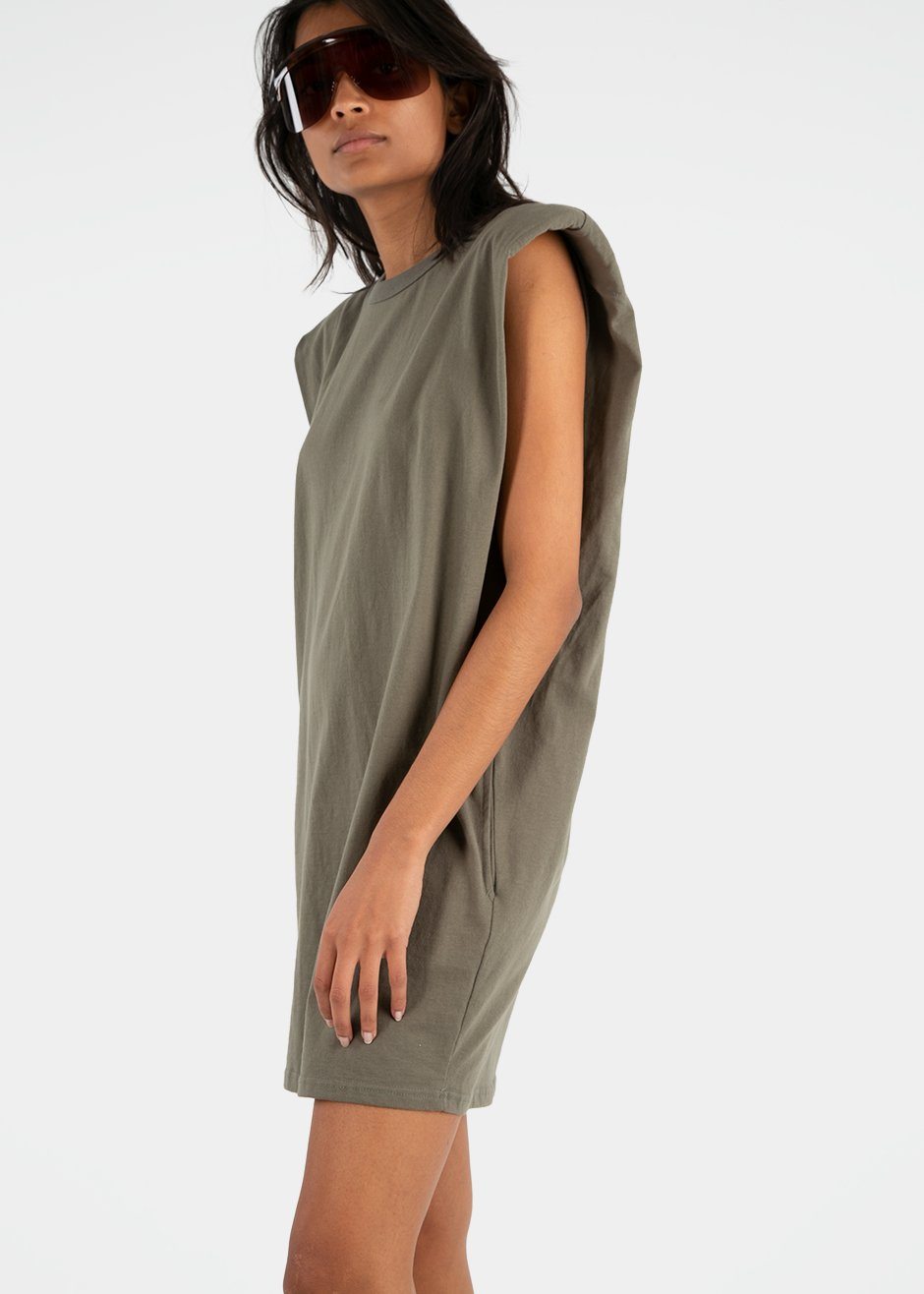 Tina Padded Shoulder Dress- Olive Khaki Dress The Frankie Shop