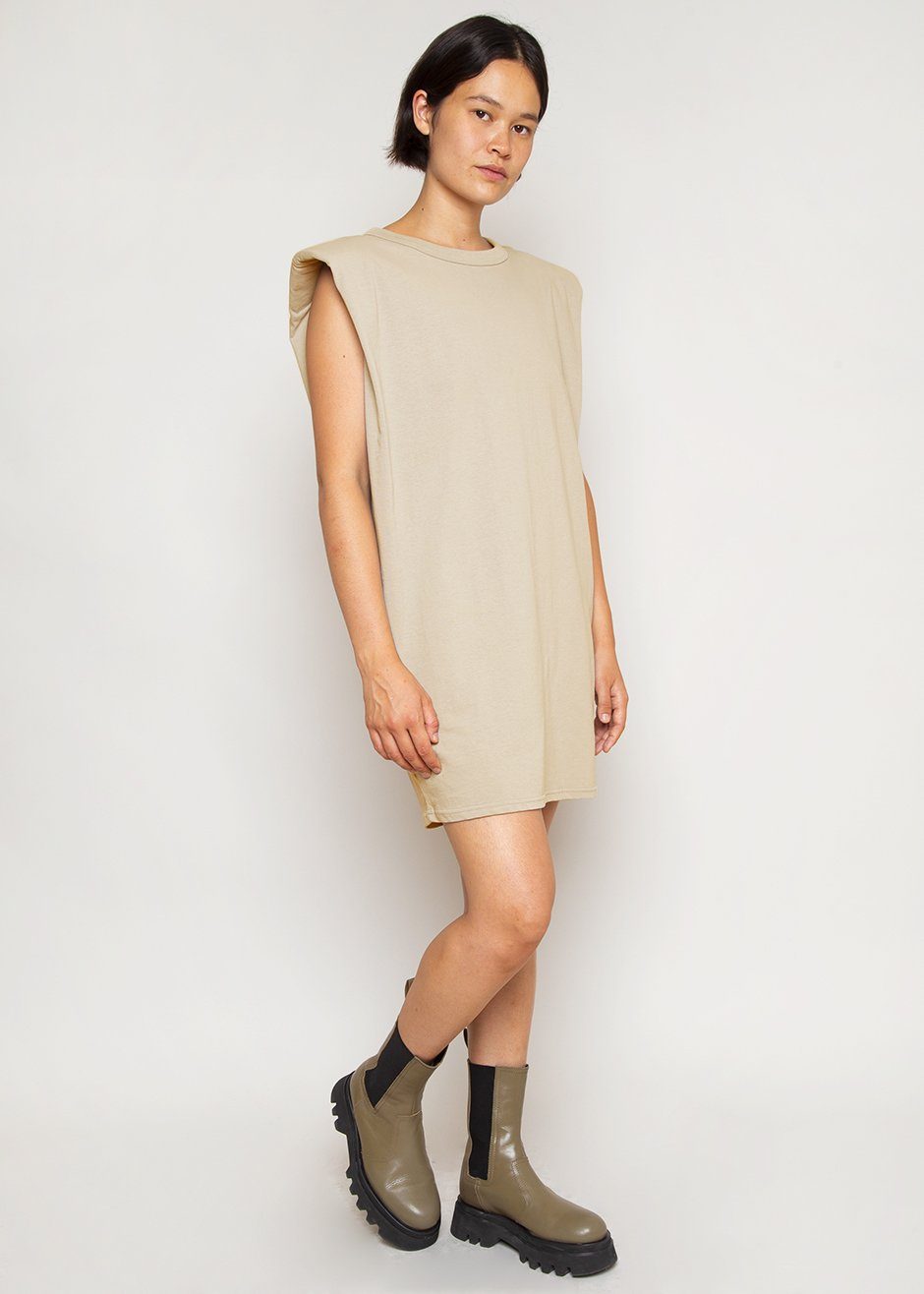 Tina Padded Shoulder Muscle Dress in Almond Milk Dress The Frankie Shop